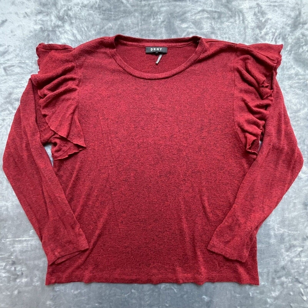 DKNY Sweater Womens Large Red Ruffle‎ Cute Girly Retro Cozy Classic Career Y2K